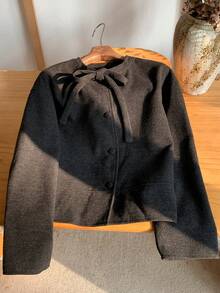 Comfortcana Women's Elegant Solid Color Twist Collar Loose Overcoat, Autumn/Winter - Dark Grey - View 4