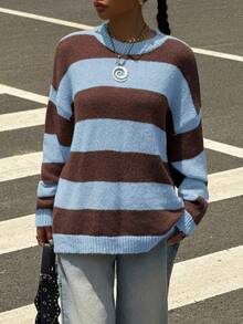 Muchica Damen Lässig Kontrast Farbige Drop Shoulder Langarm Pullover