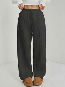 SHEIN PETITE Women's Fall Pebble Detail Straight-Leg Sweatpants Baggy - Dark Grey - View 4
