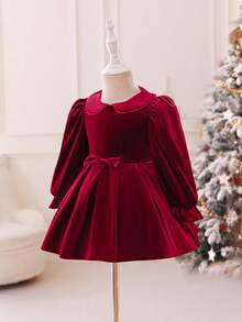 SHEIN Glamorique Kids Baby Girl Korean Velvet Peter Pan Collar Dress, Christmas Fashionable Minimalist Red Short Long Sleeve Dress - Burgundy - View 8