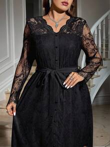 Gownix 加大码纯色蕾丝拼接腰带优雅长袖连衣裙 - 黑色 - 查看 3