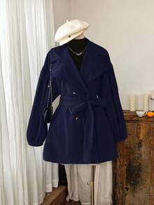 SHEIN EZwear Giacca a vento casual minimalista con collo a bavero e bottoni, stile francese, per taglie forti, adatta per l'autunno/inverno - Blu Navy - Visualizzare 3