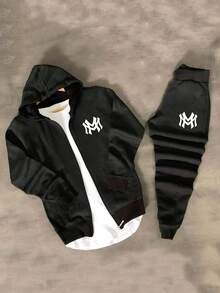 SHEIN 男童休闲运动街头风连帽衫卫衣裤套装，字母印花，适合通勤、上学、日常休闲、旅行、运动，四季皆宜 - 黑色 - 查看 3