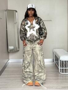 Coolane 女士秋冬情侣同款针织迷彩保暖拉链长袖星枝图案卫衣，宽松舒适，Y2K风格 - 彩色 - 查看 2