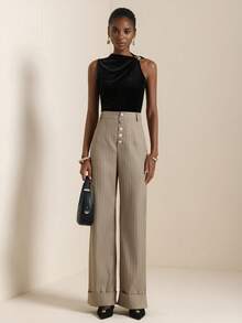 SHEIN Veneréa Fashionable & Versatile Metal Buckle Striped Wide Leg Pants - Khaki - View 5