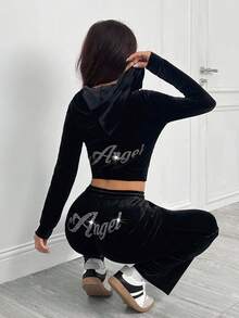 SHEIN PETITE 小码女式天鹅绒水钻装饰连帽拉链长袖上衣和口袋裤休闲运动套装 - 黑色 - 查看 9