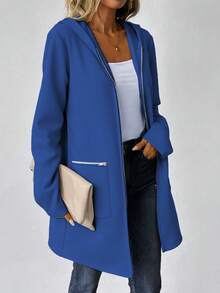 EMERY ROSE Women's Autumn Long Sleeve Hoodie Jacket, Dropped Shoulder, Sweatshirt Material, Zipper Decor, Mid-Length, Casual - Blue - View 4