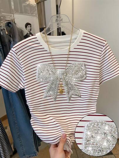 Resyla 红色条纹亮片蝴蝶结亮片刺绣腰部抽绳T恤，简约时尚，送给朋友的绝佳礼物