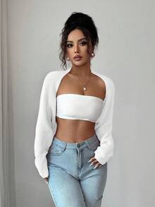 Islaluna 女式优雅纯色罗纹针织短款开衫，秋季 - 米色 - 查看 7