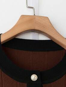 SHEIN LUNE Plus Size Contrast Trim Button Front Long Sleeve Top And Solid Color Pants Sweater Set - Multicolor - View 3