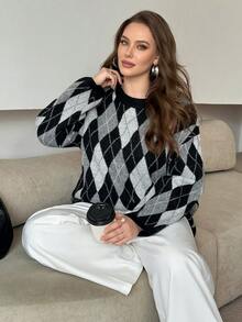 Modelyn Suéter holgado de punto con patrón de diamantes, efecto estilizante, talla grande, estilo casual, otoño/invierno - Gris - Ver 6