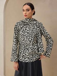 Graceveil Damen Leopard Muster Schleife Manschette Langarm modische Bluse - Schwarz - Übersicht 3