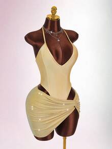 Amplova Conjunto de mono cómodo de color metálico y minifalda con brillo para mujer