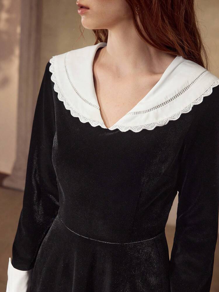 VELVET CONTRAST COLLAR AND CUFF FLARE HEM DRESS