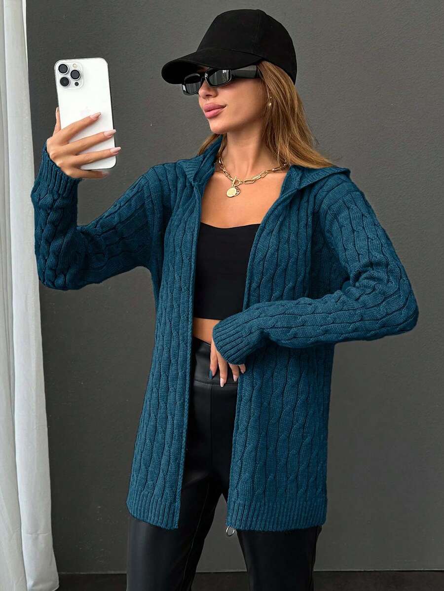 EURMUSE Cardigan With Hoodie Detail And Special Pattern + 350 - Cadet Blue - View 1