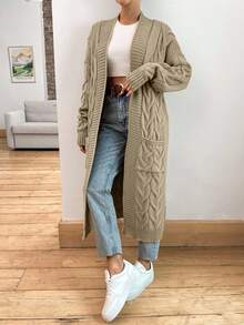 SHEIN 纯色口袋有线休闲百搭长袖开衫 - 米色 - 查看 7