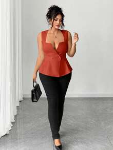 Elenzga Plus Size Women's Elegant Sleeveless Shirt, Sweetheart Neck Double-Breasted Closure, Slim Fit, Suitable For Work And Commute, Summer - Red - View 8