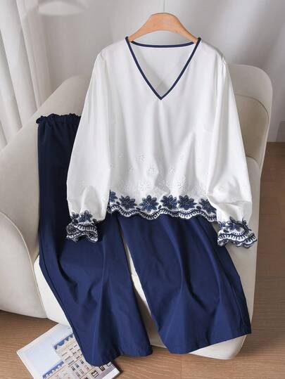 CosyJoli 大码女式海军蓝两件套，刺绣设计上衣和海军蓝裤子，休闲通勤装