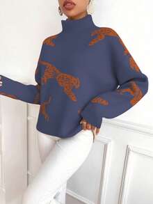 SHEIN Clasi Women Animal Pattern Turtleneck Long Sleeve Sweater - Blue - View 6