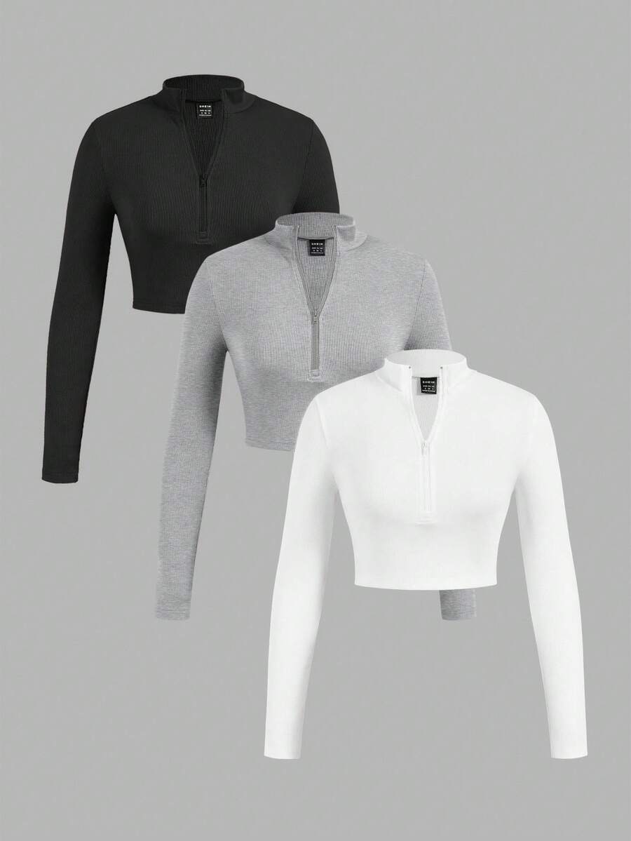 SHEIN EZwear 3 件女式罗纹面料拉链高领长袖 T 恤套装,适合春秋季 - 彩色 - 查看 1