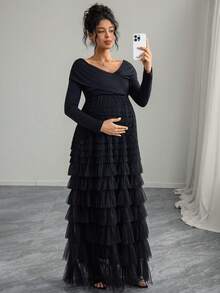 Momance Elegant Twist Knot Off-Shoulder Asymmetric Ruffle Hem Maternity Dress - Black - View 2