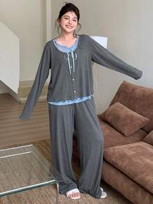 Dazy Plus 2件套加大码女式蕾丝边宽松休闲上衣和裤子睡衣套装秋冬服装 - 深灰色 - 查看 8