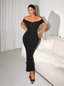 Sirith Seamless Knit Off Shoulder Backless Slit Dress With Built-In Shapewear Dress - Black - View 4