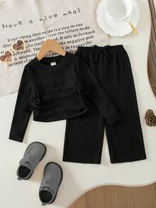 Babygirl Casual Versatile Solid Color Black Long Sleeve T-Shirt Set - Black - View 3