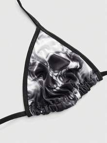 ROMWE Goth Conjunto de lencería sexy con sujetador triangular inalámbrico, cordones y flecos con diseño de esqueleto gótico - Multicolor - Ver 4