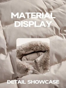 Anewsta 女士优雅束腰中长款蓬松可拆卸人造毛领绗缝拉链夹棉大衣，杏色 - 杏色 - 查看 9