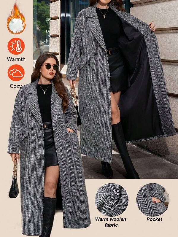 SHEIN Clasi 秋冬大码时尚人字纹羊毛大衣