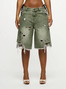 SUMWON WOMEN Women's Distressed Denim Bermuda Shorts With Eyelet Detail And Raw Hem Fringe - Green - View 1
