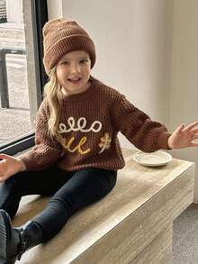 SHEIN Sweater Anak Perempuan dengan Bordir Bunga Buatan Tangan yang Lucu, Lembut, Hangat, Kasual, dan Serbaguna, Cocok untuk Pemakaian Sehari-hari - Coklat - View 6