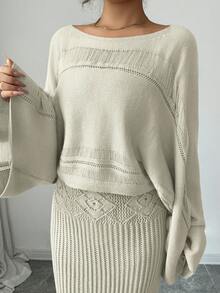 Elenzga Conjunto de 2 piezas de suéter de punto casual y cárdigan con patrón floral calado para mujer, versátil y elegante para salidas, trabajo, escuela y vacaciones - Albaricoque - Ver 4