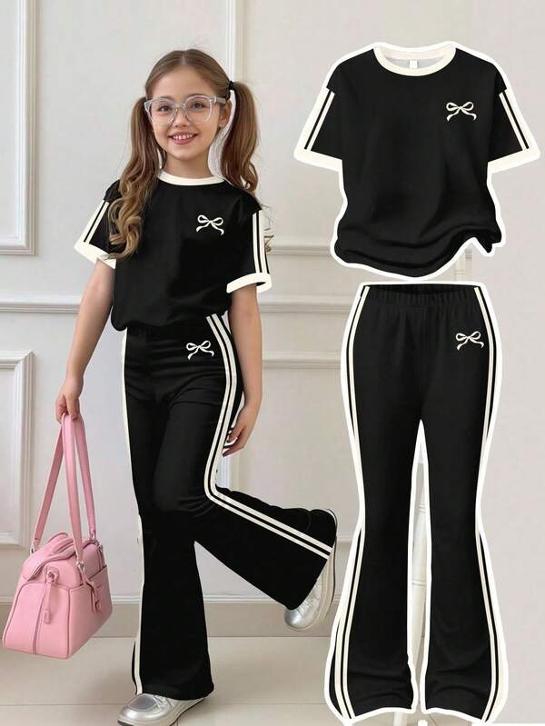 SHEIN Retro Striped Outfit, Mini Bow Design, Tween Girl Casual Minimalist Black & Cream White Striped Loose Crew Neck Short Sleeve T-Shirt And Flare Pants 2 Pieces Set, Suitable For Summer Tween Girl Clothes Pants Set Tween Sporty Sets Girls Sporty Summer Sets Sweatshirt Straight Pants Suit Tween Girl Tween Streetwear Set