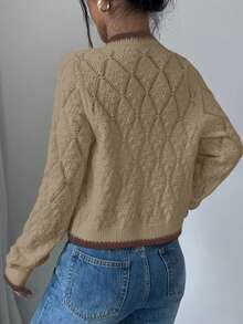 Selianne Cardigan Pullover Lengan Panjang Bertekstur Berlian Serbaguna Gaya Kasual Prancis untuk Wanita - Khaki - View 3