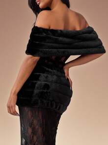 Radiana Autumn Elegant Black Floral Lace & Faux Fur Patchwork Long Dress,Off Shoulder Sheer Mesh Maxi Formal Gown For Dinner,Parties,Birthday Outfit Slay Diva - Black - View 6
