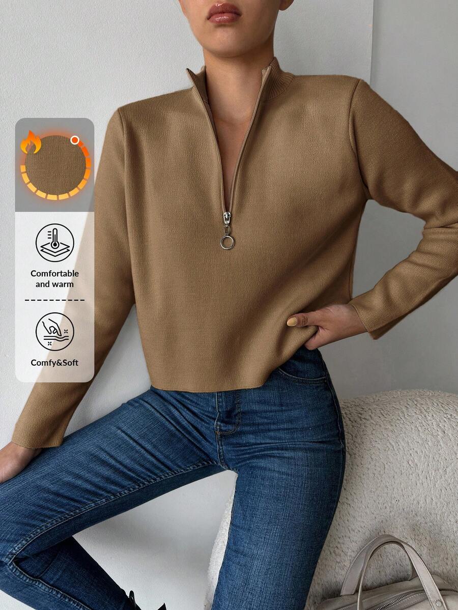 SHEIN Cottnline 女士半拉鍊毛衣 - 駝色 - 查看 1