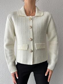 EURMUSE Plus Size Allover White Button Front Casual Elegant Cardigan Office Formal Autumn - Beige - View 5
