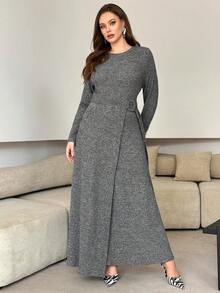 Modelyn 2 件套花卉灰色长袖紧身连衣裙，裹身裙，系带腰部，时尚优雅大码 - 灰色 - 查看 5