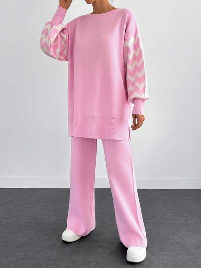 EURMUSE Women's Casual Herringbone Patchwork Knitted Sweater And Pants 2 Pieces Set, Autumn/Winter