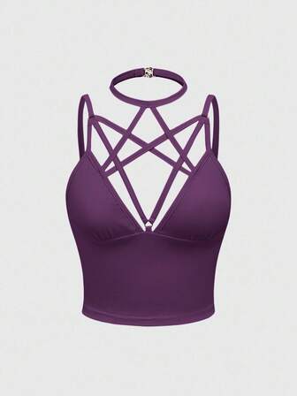 Goth Débardeur moulant dos nu sexy avec lacets, couleur unie pour femmes