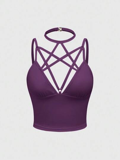 Goth Camiseta ajustada de unicolor con espalda descubierta y cordones sexy para mujer