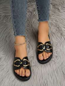 Sandalias mujer plana sin cordones punta abierta con adorno metálico estilo minimalista casual verano - Negro - Ver 2