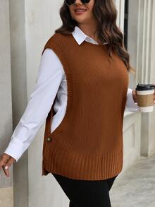 SHEIN LUNE Plus Size Casual Solid Color Ribbed Knit Crew Neck Sweater Vest, Autumn - Burnt Orange - View 3