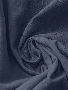 Linhara 女式 V 领刺绣 3/4 袖亚麻衬衫，宽松夏季上衣 - 藍色 - 查看 3