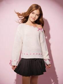 SHEIN Fall Winter Vintage Tween Girls Sweaters - White - View 1