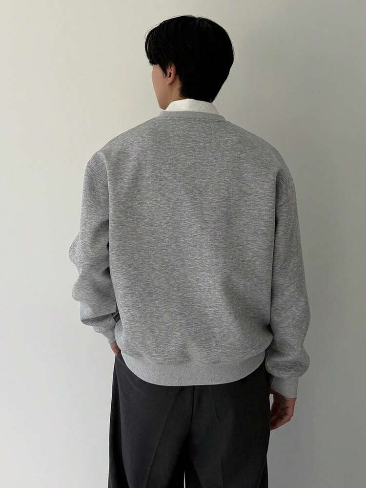 Men's V-Neck Letter Print Design Heather Gray Casual Pullover Sweatshirt, Commuter Style For Autumn