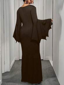 EMERY ROSE Plus Size Women Gothic Style Witch Dress, Vintage Batwing Sleeve Scoop Neck Robe, New Halloween Mermaid Tail Elastic Long Robe - Coffee Brown - View 2