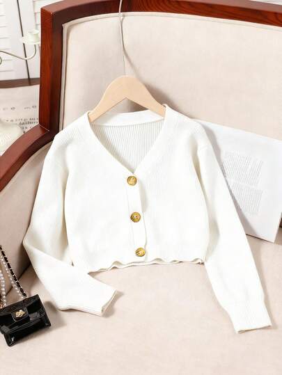 Sparklyn 少女纯色前扣V领长袖开衫